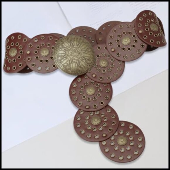 Vintage Disc Waist Belt Wide PU Leather Hollow Boho Western main image 6